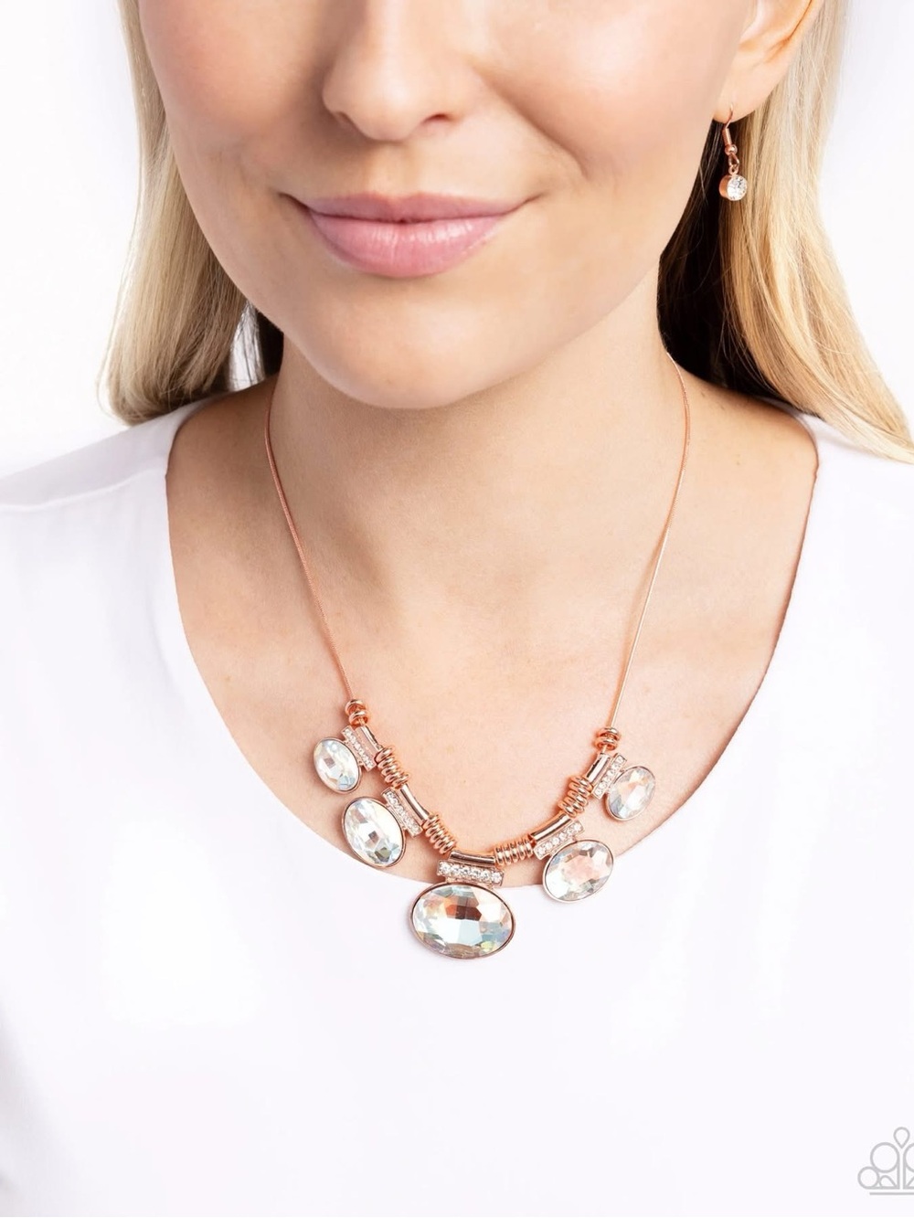 paparazzi Rose Gold Iridescent Crystal Bib Necklace